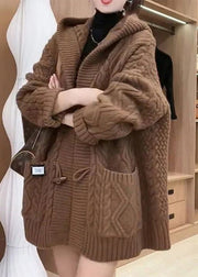Elegant Chocolate Colour Button Cable Knit Sweaters Coats Fall