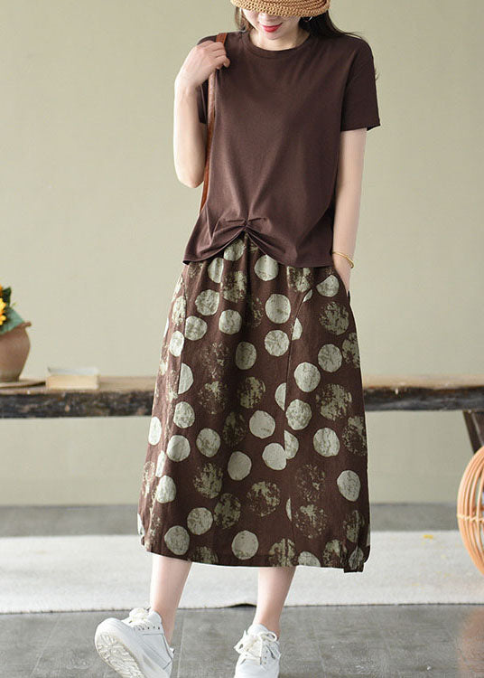 Elegant Chocolate Elastic Waist Pockets Linen Skirt Summer