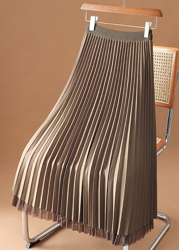 Elegant Chocolate Elastic Waist Velour Tulle Pleated Skirts Spring
