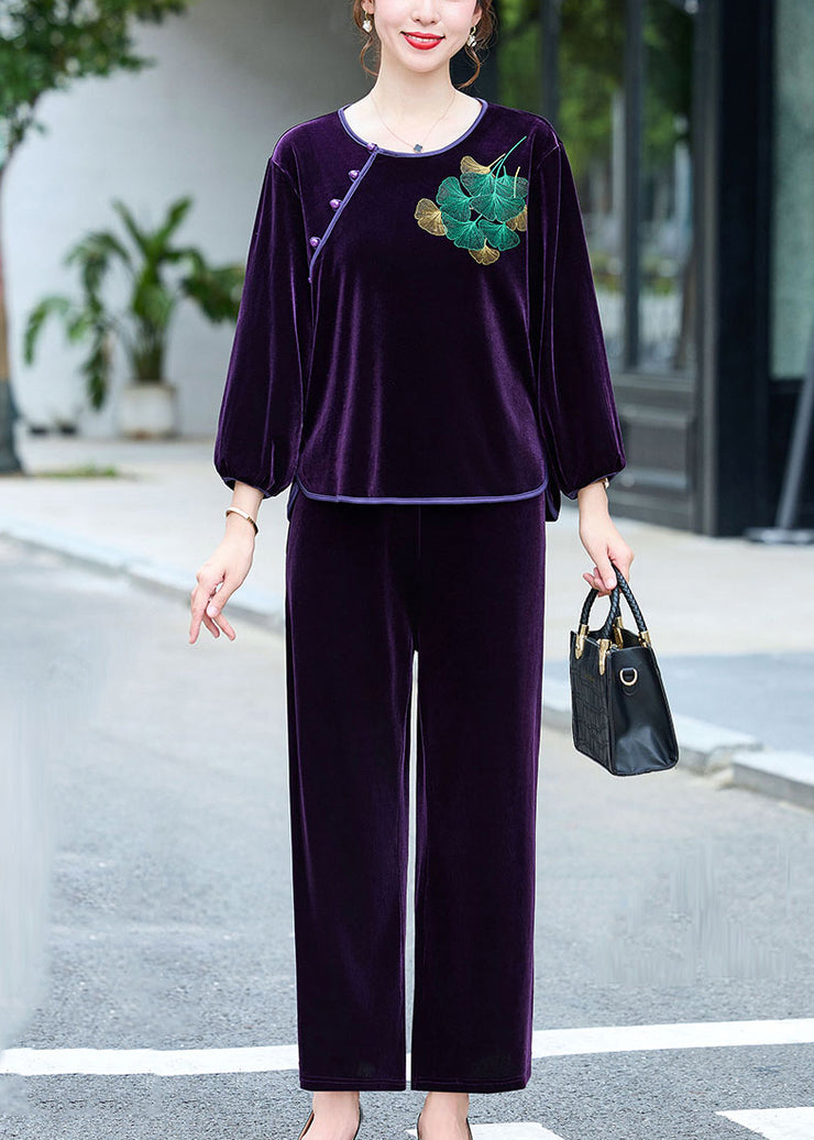 Elegant Coffee Embroidered Button Silk Velour Top And Pants Two Pieces Set Long Sleeve