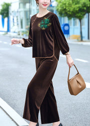 Elegant Coffee Embroidered Button Silk Velour Top And Pants Two Pieces Set Long Sleeve