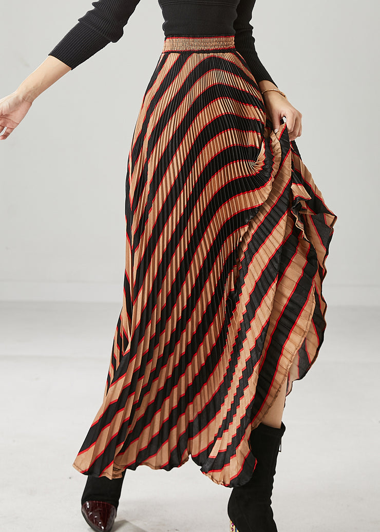 Elegant Coffee High Waist Striped Spandex Pleated Skirts Spring