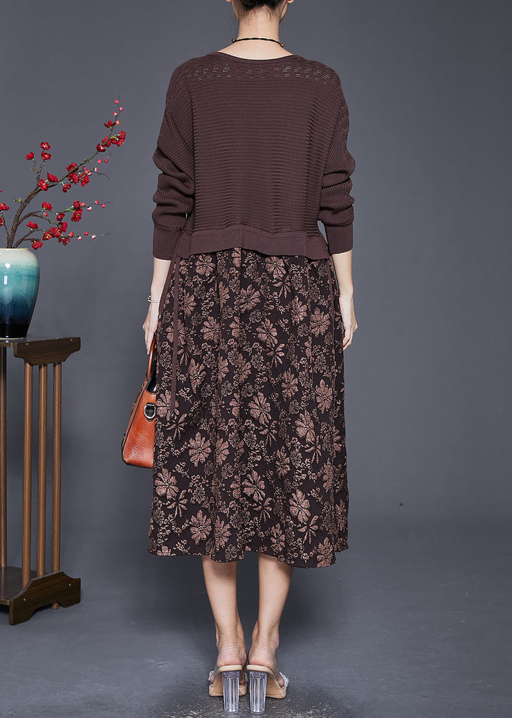 Elegant Coffee Jacquard Patchwork Knit Maxi Dresses Fall