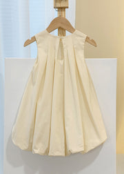 Elegant Coffee O-Neck Patchwork Wrinkled Solid Cotton Kids Maxi Dresses Sleeveless