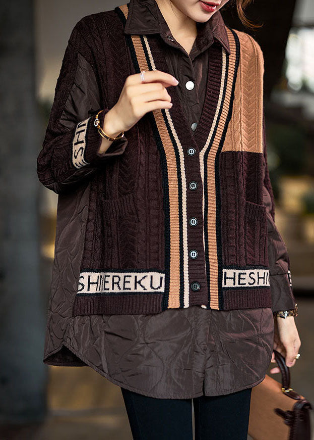 Elegant Chocolate Peter Pan Collar Knit Patchwork Fine Cotton Filled Shirt Top Winter