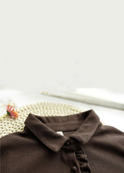 Elegant Coffee Ruffled Print Knit Patchwork Long Dress Long Sleeve
