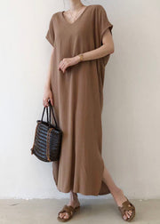 Elegant Chocolate Side Open Cotton Short Sleeve Long Dresses
