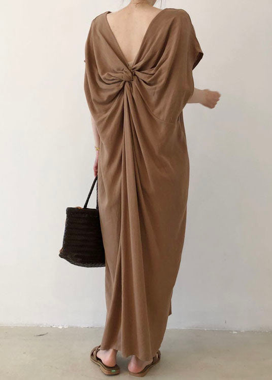 Elegant Chocolate Side Open Cotton Short Sleeve Long Dresses