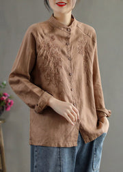 Elegant Chocolate Stand Collar Embroidered Button Linen Shirts Long Sleeve