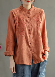 Elegant Chocolate Stand Collar Embroidered Button Linen Shirts Long Sleeve