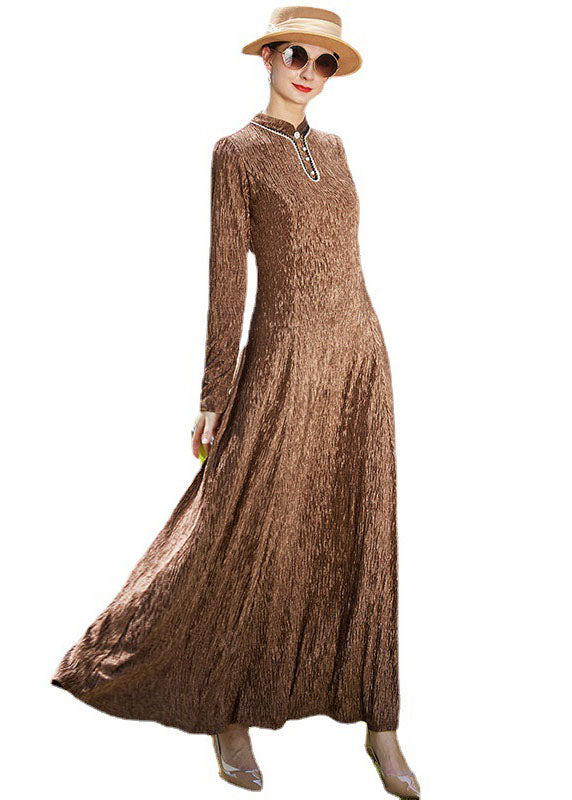 Elegant Chocolate Stand Collar Exra Large Hem A Line Dress Spring