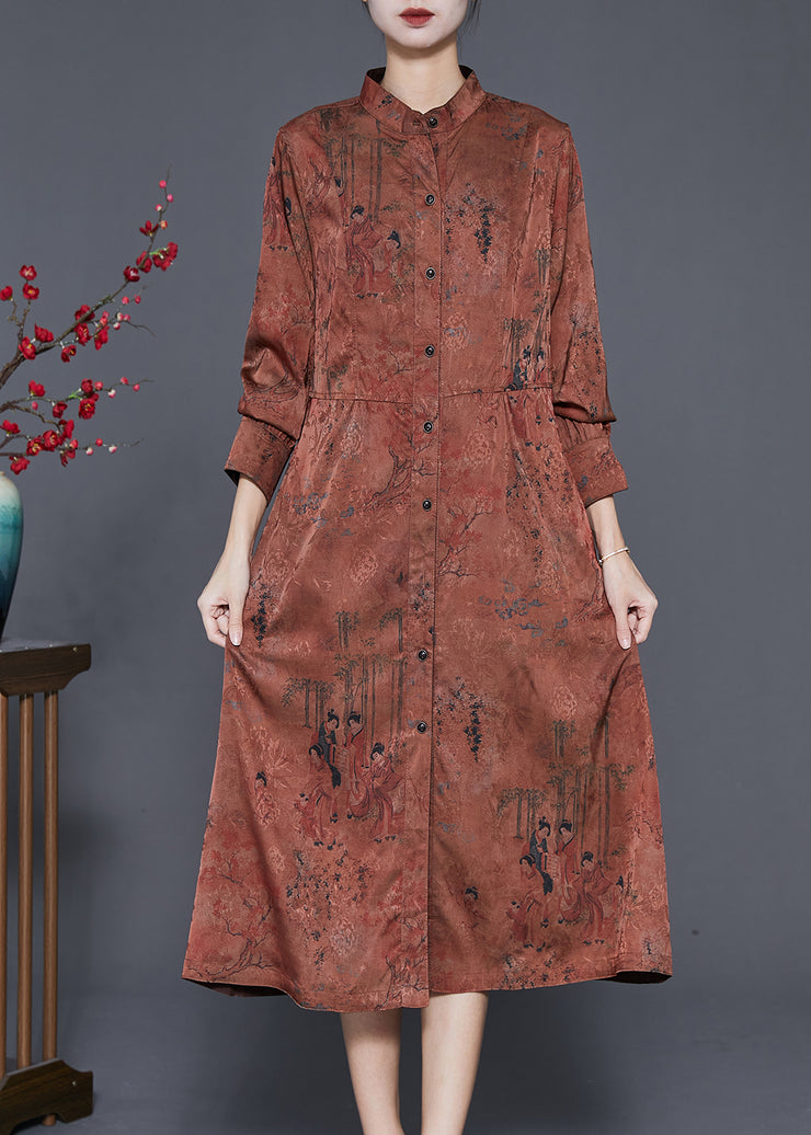 Elegant Coffee Stand Collar Print Tie Waist Silk Holiday Dress Spring