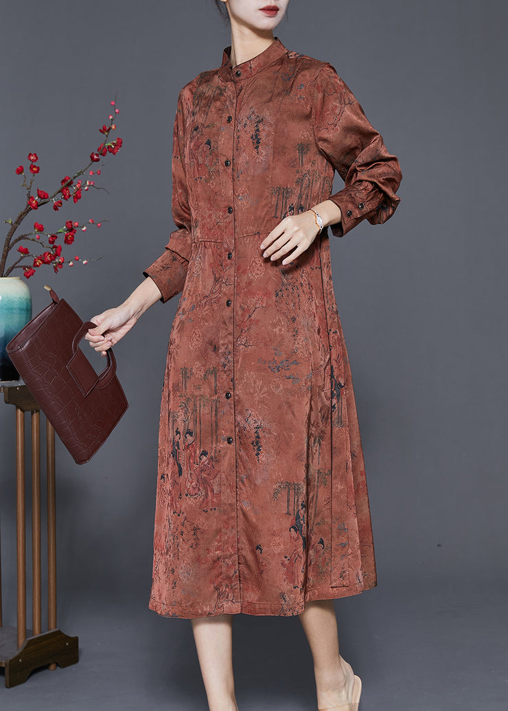 Elegant Coffee Stand Collar Print Tie Waist Silk Holiday Dress Spring