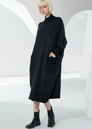 Elegant Chocolate Turtle Neck Patchwork Pockets Wool Sweater Dress Long Sleeve
