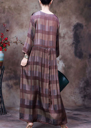 Elegant Chocolate V Neck Plaid Wrinkled Long Dresses Long Sleeve