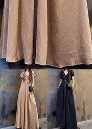 Elegant Coffee V Neck Wrinkled Patchwork Cotton Long Dresses Summer