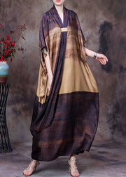 Elegant Chocolate Yellow Bow Print Silk Loose Ankle Dress Batwing Sleeve