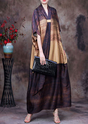 Elegant Chocolate Yellow Bow Print Silk Loose Ankle Dress Batwing Sleeve
