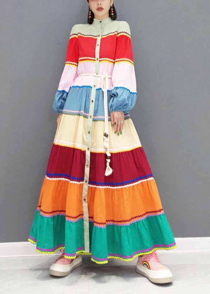 Elegant Color Block Button Patchwork Holiday Dress Fall Long Sleeve - SooLinen