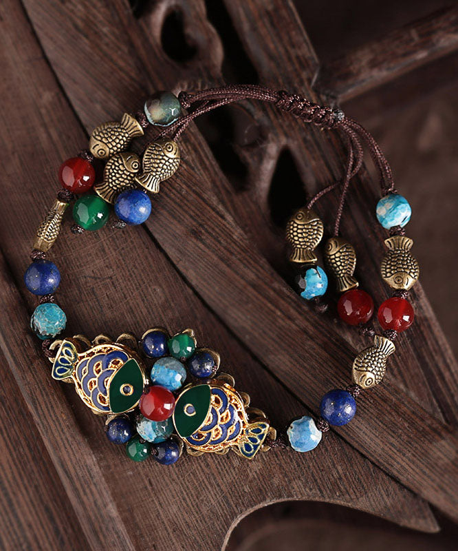 Elegant Colorblock Bronze Colored Goldfish Agate Coloured Glaze Gem Stone Cloisonne Charm Bracelet