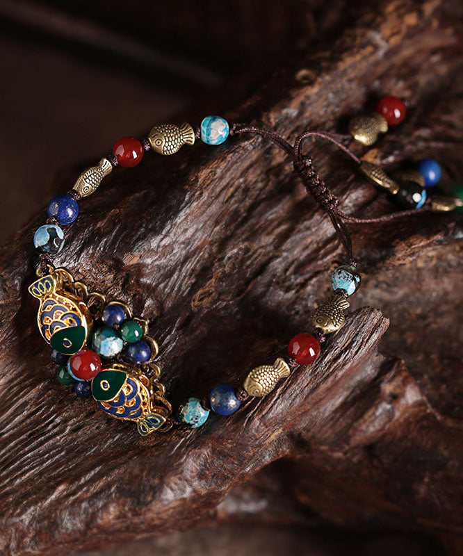 Elegant Colorblock Bronze Colored Goldfish Agate Coloured Glaze Gem Stone Cloisonne Charm Bracelet