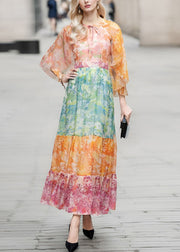 Elegant Colorblock Lace Up Print Chiffon Long Dresses Half Sleeve