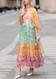 Elegant Colorblock Lace Up Print Chiffon Long Dresses Half Sleeve