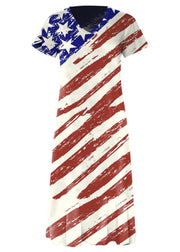 Elegant Colorblock O-Neck National Flag Print Cotton Beach Dresses Short Sleeve
