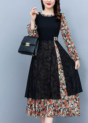 Elegant Colorblock O-Neck Patchwork Print Chiffon Dresses Fall