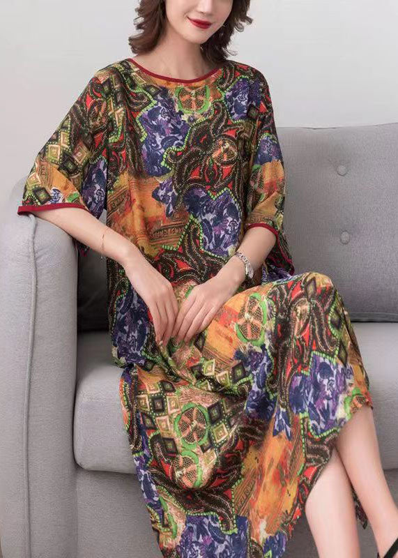 Elegant Colorblock O Neck Print Patchwork Chiffon Dress Summer