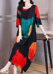 Elegant Colorblock O Neck Print Patchwork Silk Dress Summer