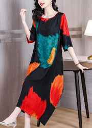 Elegant Colorblock O Neck Print Patchwork Silk Dress Summer
