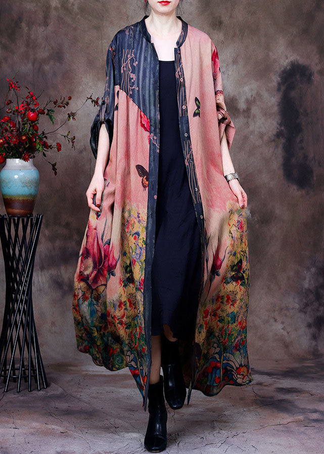 Elegant Colorblock Stand Collar Pockets Patchwork Silk Trench Coats Long Sleeve