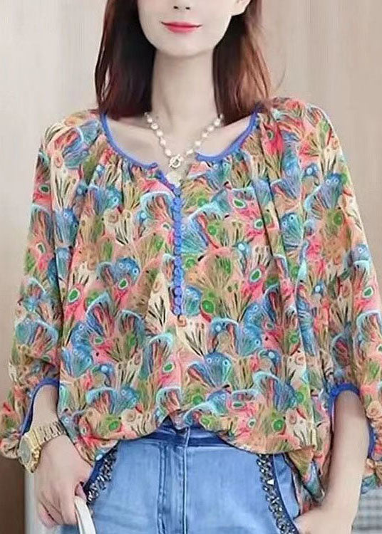 Elegant Colorblock V Neck Print Chiffon Shirt Tops Summer