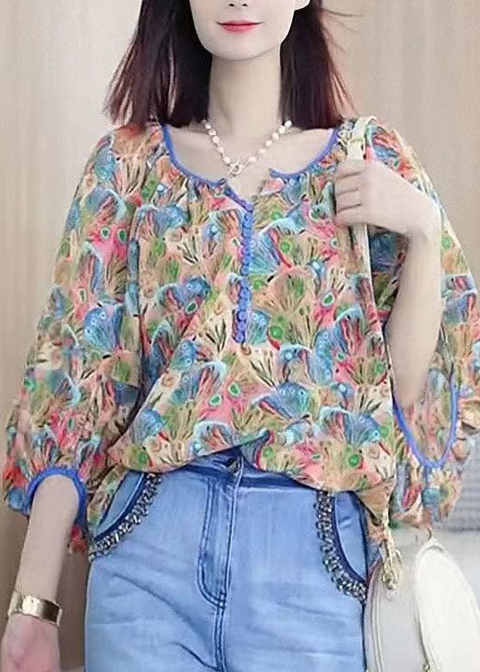 Elegant Colorblock V Neck Print Chiffon Shirt Tops Summer