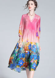 Elegant Colorblock V Neck Print Wrinkled Silk Dresses Bracelet Sleeve