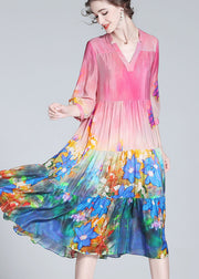 Elegant Colorblock V Neck Print Wrinkled Silk Dresses Bracelet Sleeve
