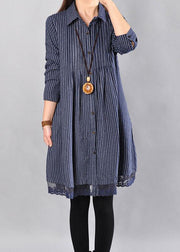 Elegant Cotton clothes For Women plus size Loose Cotton Printing Lace Hem Blue Dress