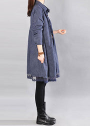 Elegante Baumwollkleidung für Frauen in Übergröße, lockeres Baumwolldruck-Spitzensaum, blaues Kleid