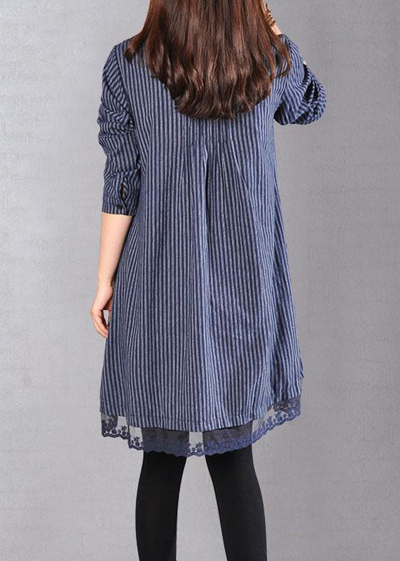 Elegant Cotton clothes For Women plus size Loose Cotton Printing Lace Hem Blue Dress