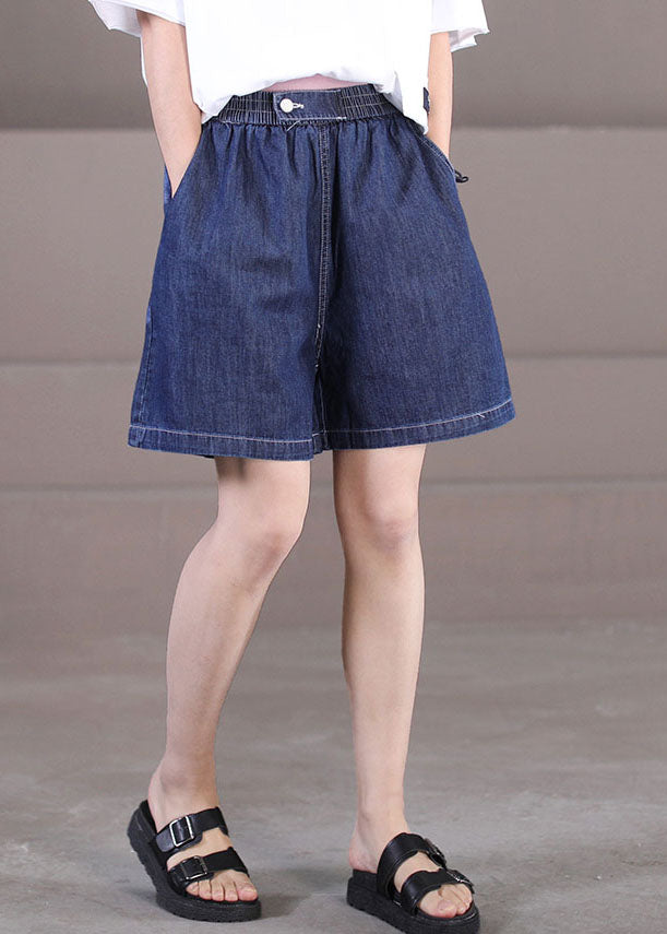 Elegante dunkelblaue elastische Taillentaschen Baumwolle Hot Pants Shorts Sommer