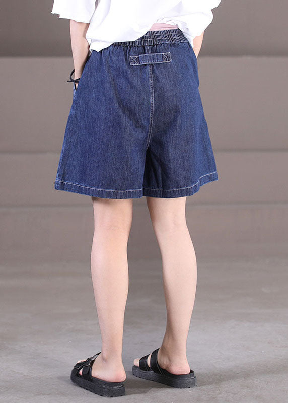 Elegant Dark Blue Elastic Waist Pockets Cotton Hot Pants Shorts Summer