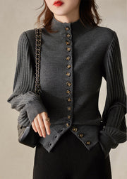 Elegant Dark Gray O-Neck Button Woolen Cardigans Long Sleeve