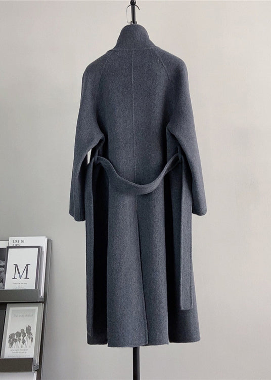 Elegant Dark Grey Stand Collar Tie Waist Woolen Coat Winter