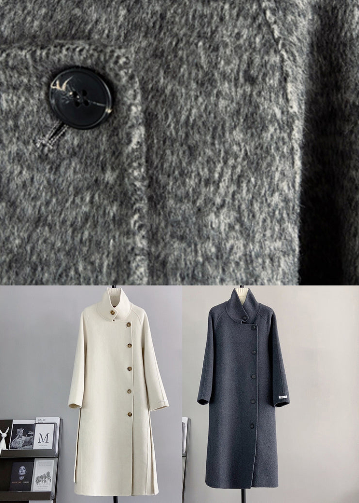 Elegant Dark Grey Stand Collar Tie Waist Woolen Coat Winter