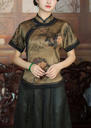 Elegant Dark Khaki Button Print Patchwork Silk Shirts Summer