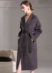 Elegant Dark Purple Peter Pan Collar Pockets Woolen Wrap Coat Winter