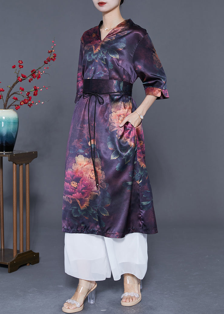 Elegant Dark Purple V Neck Print Silk Long Dress Summer