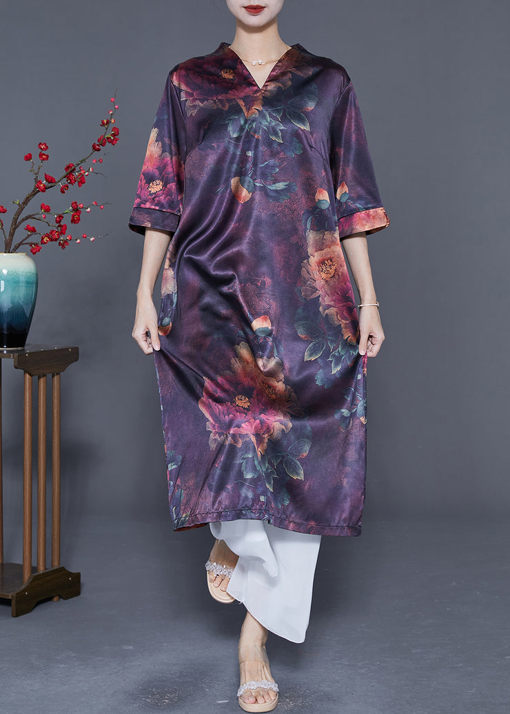 Elegant Dark Purple V Neck Print Silk Long Dress Summer