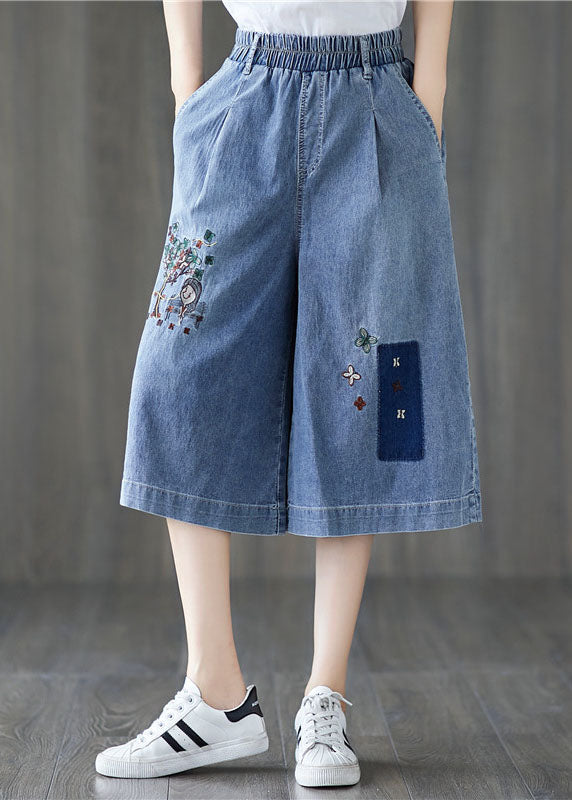 Elegante Jeansblaue, elastische Taille, bestickte Baumwolle, weites Bein, Sommerhose